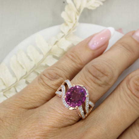 Pre Owned 18ct Rose Gold Dress Ring with 5.01ct Oval Claw Set Pink Tourmaline & Diamonds