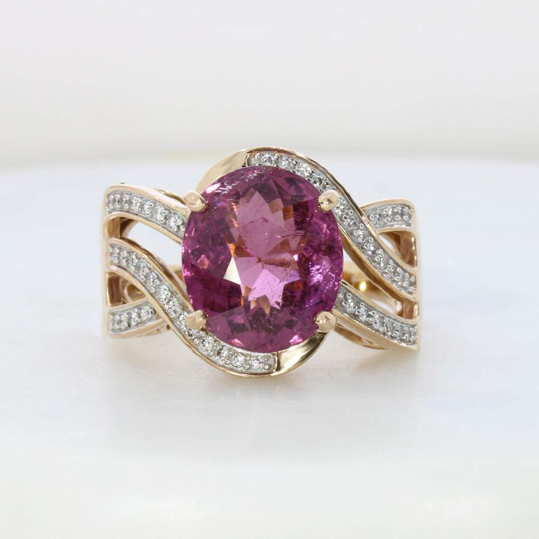 Pre Owned 18ct Rose Gold Dress Ring with 5.01ct Oval Claw Set Pink Tourmaline & Diamonds