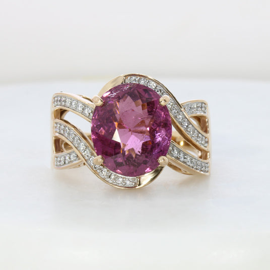 Pre Owned 18ct Rose Gold Dress Ring with 5.01ct Oval Claw Set Pink Tourmaline & Diamonds