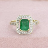 Pre Owned 9ct Yellow Gold Emerald And Diamond Halo Ring