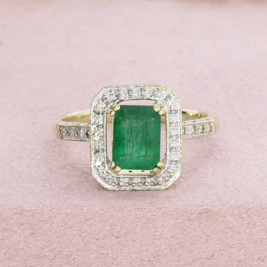 Pre Owned 9ct Yellow Gold Emerald And Diamond Halo Ring