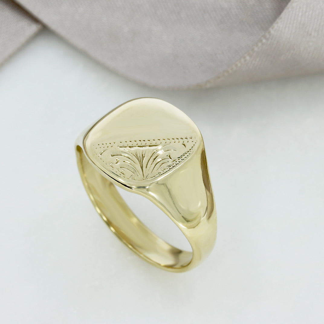 Pre Owned 9ct Yellow Gold Square, Half Engraved Signet Ring