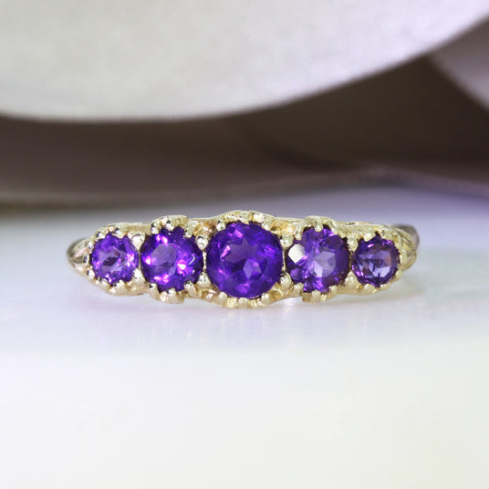 Pre Owned 9ct Yellow Gold Claw Set Amethyst 5 Stone Ring