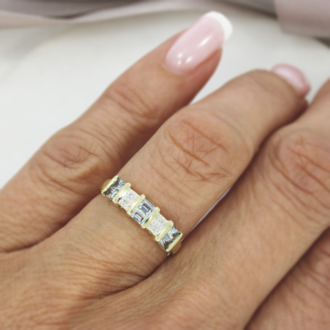 Pre Owned 9ct Yellow Gold Blue Topaz & Pave Set Diamond Ring