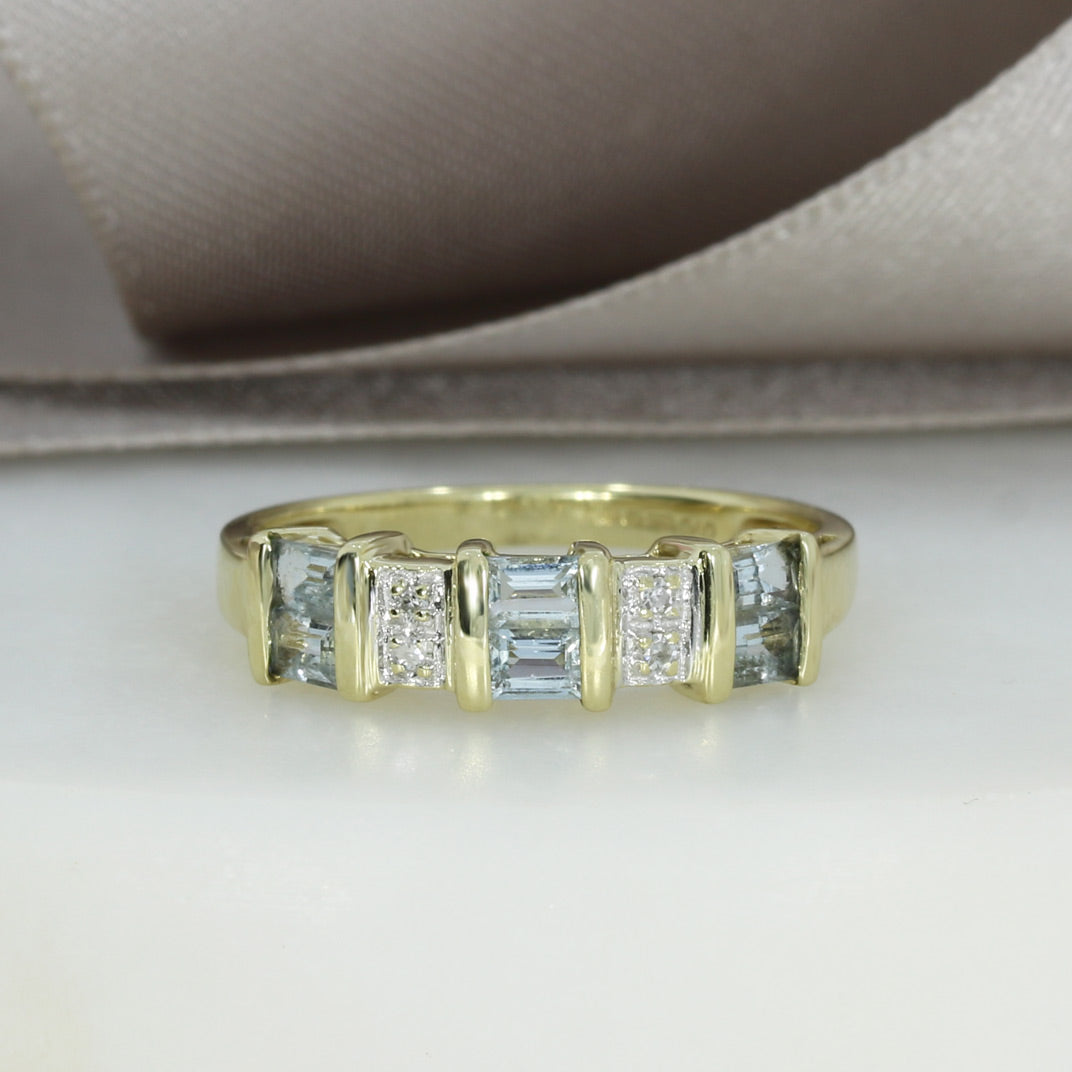 Pre Owned 9ct Yellow Gold Blue Topaz & Pave Set Diamond Ring