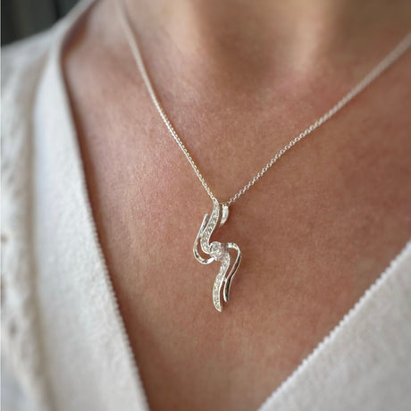 Silver Double S Shape Ribbons With Centre Cubic Zirconia Pendant