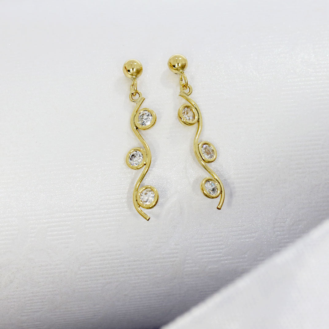 9ct Yellow Gold Wavey Drop Earrings With CZ's