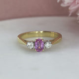 18ct Yellow Gold Oval Pink Sapphire & Brilliant Cut Diamond 0.20ct 3 Stone Ring