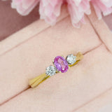 18ct Yellow Gold Oval Pink Sapphire & Brilliant Cut Diamond 0.20ct 3 Stone Ring