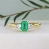 18ct Yellow Gold Emerald Cut Emerald & Diamond 3 Stone Ring