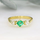 18ct Yellow Gold Square Cut Emerald & 2 Brilliant Cut Diamond 3 Stone Ring