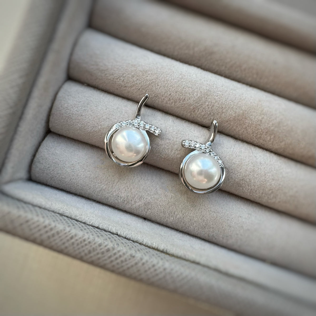 Silver Swirl CZ  Earrings with Cultured Pearl.