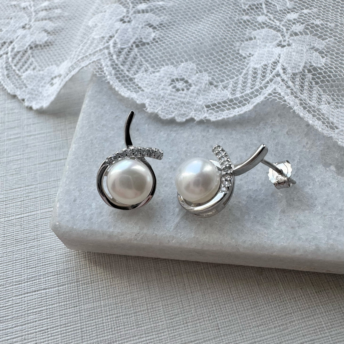 Silver Swirl CZ  Earrings with Cultured Pearl.