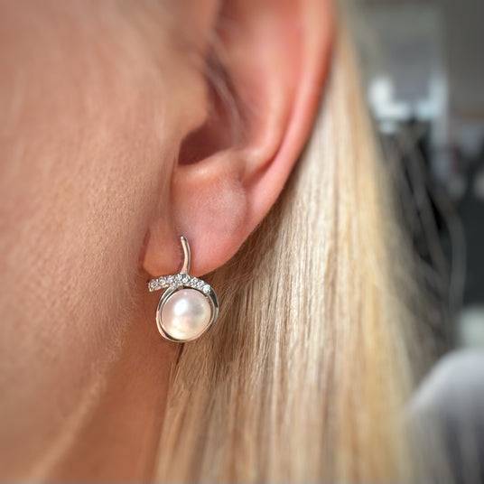 Silver Swirl CZ  Earrings with Cultured Pearl.