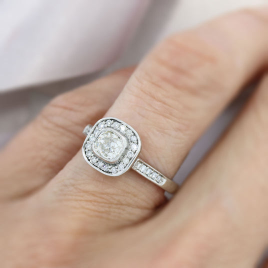 Platinum Diamond Solitaire Cushion Halo & Shoulder Stones