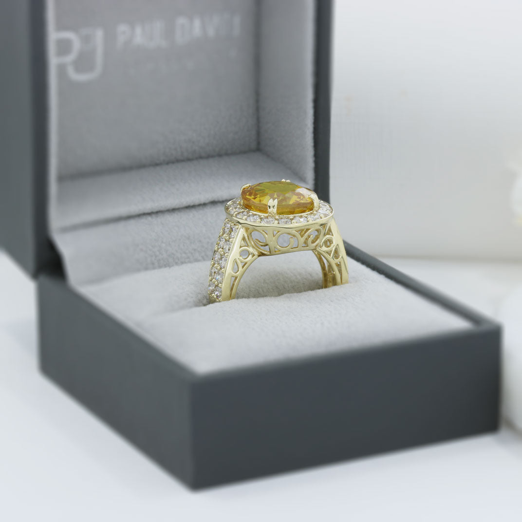 Pre Owned 18ct Gold 8.80ct Yellow Sapphire & Diamond Halo Ring