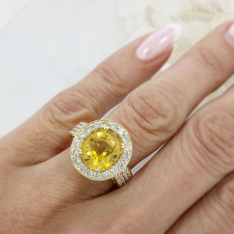 Pre Owned 18ct Gold 8.80ct Yellow Sapphire & Diamond Halo Ring