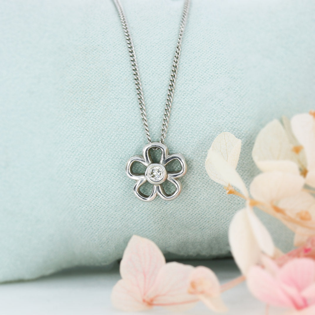 9ct White Gold Diamond Flower Pendant on Curb Chain