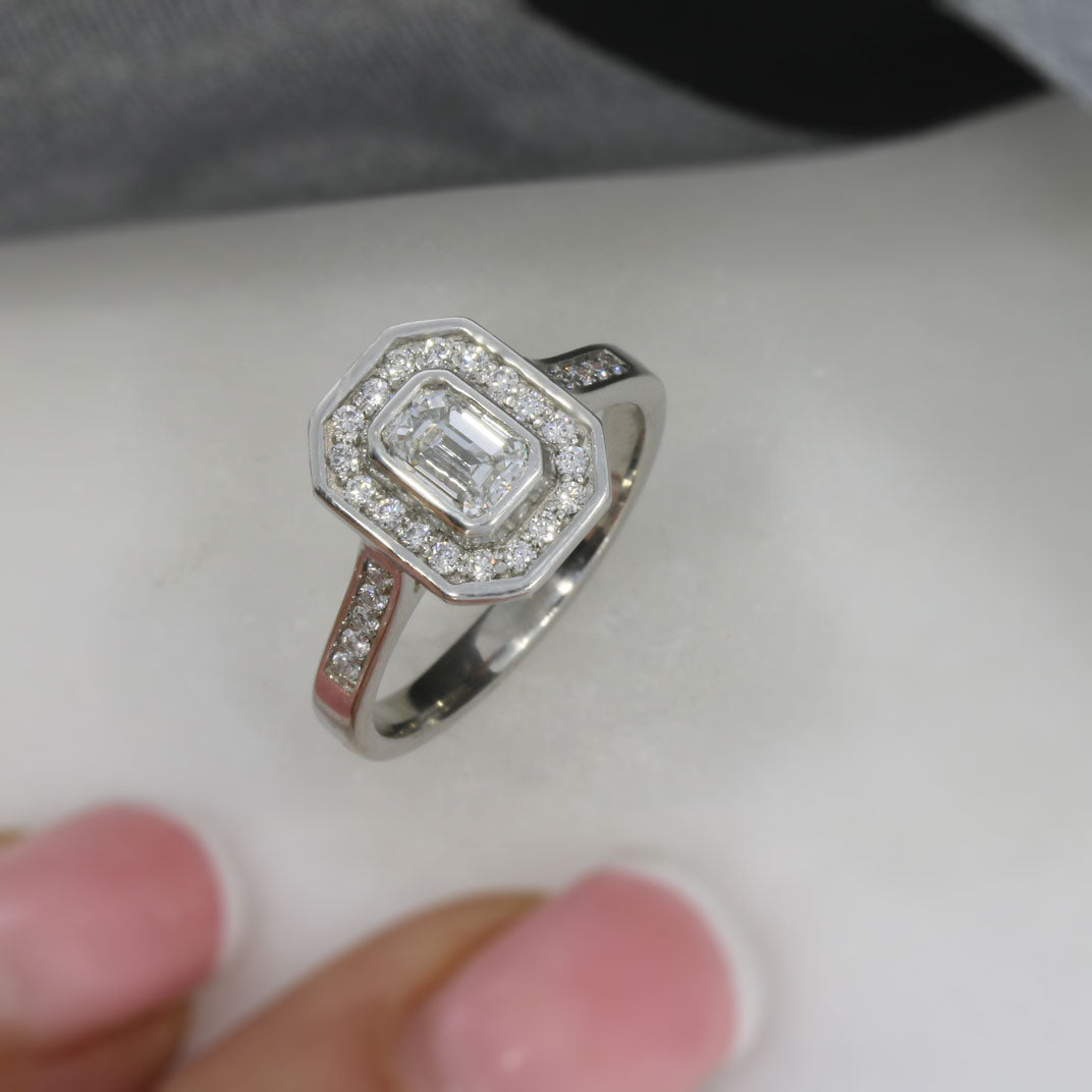 Platinum Certified Emerald Cut Diamond Cluster Ring 0.87ct