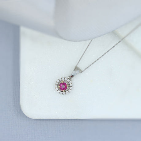 9ct White Gold Ruby Diamond Halo Pendant