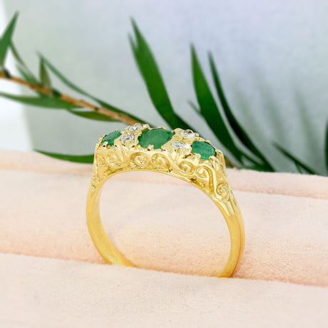 Pre-Owned 18ct Yellow Gold Antique Style Emerald & Diamond Boat Ring