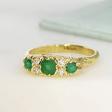 Pre-Owned 18ct Yellow Gold Antique Style Emerald & Diamond Boat Ring