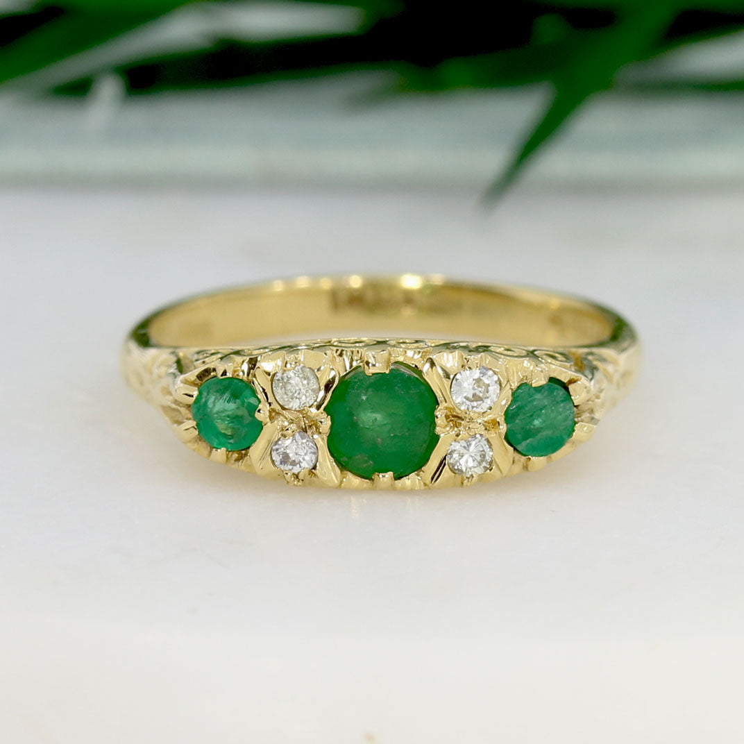 Pre-Owned 18ct Yellow Gold Antique Style Emerald & Diamond Boat Ring
