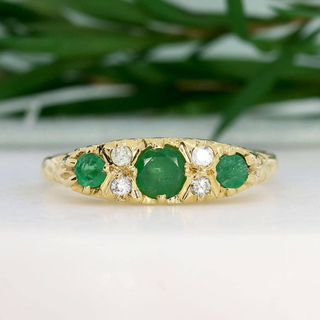 Pre-Owned 18ct Yellow Gold Antique Style Emerald & Diamond Boat Ring