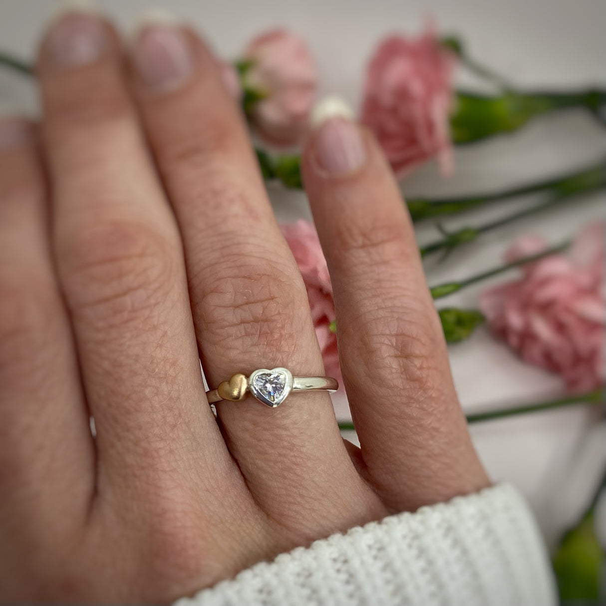 Silver Ring With A Rose Gold & Cubic Zirconia Heart