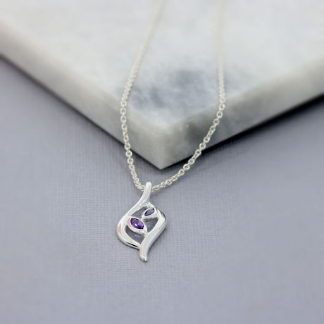 Silver Leaf Shaped Amethyst Pendant & Chain