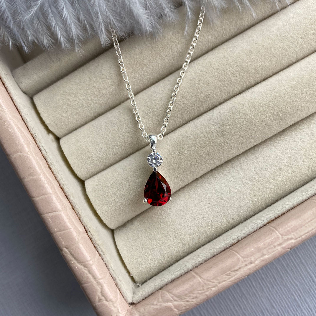 Silver Teardrop Shaped Garnet & CZ Pendant