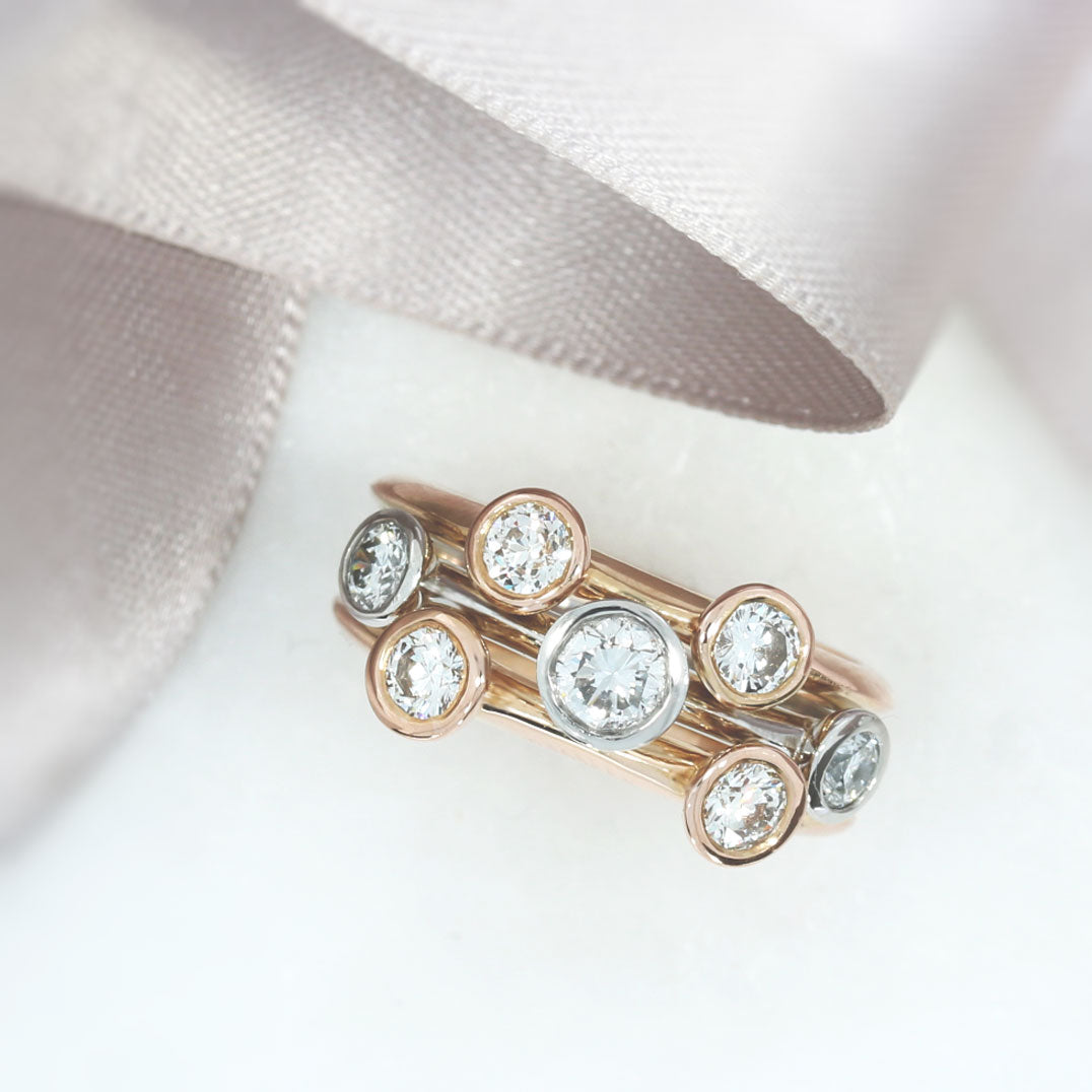 18ct Rose Gold & Platinum 3 Row Diamond Bubble Ring 1.15ct