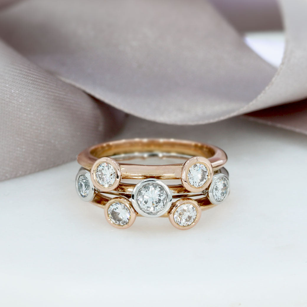 18ct Rose Gold & Platinum 3 Row Diamond Bubble Ring 1.15ct