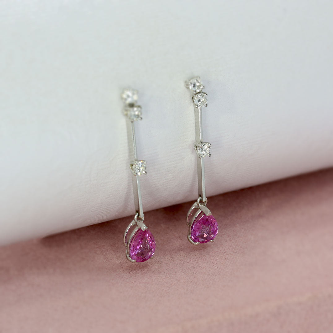 Pre Owned 18ct White Gold Pink Sapphire and Diamond Drop Earrings