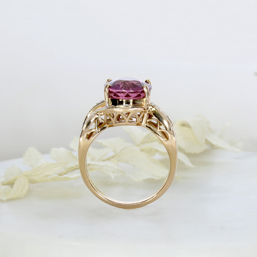 Pre Owned 18ct Rose Gold Dress Ring with 5.01ct Oval Claw Set Pink Tourmaline & Diamonds