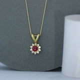 18ct Gold Ruby & Diamond Cluster Pendant & 18ct Chain