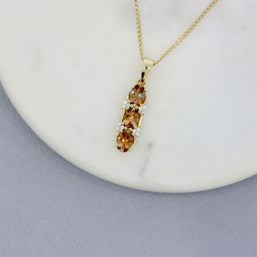 9ct Yellow Gold Oval Morganite & Diamond Drop Pendant