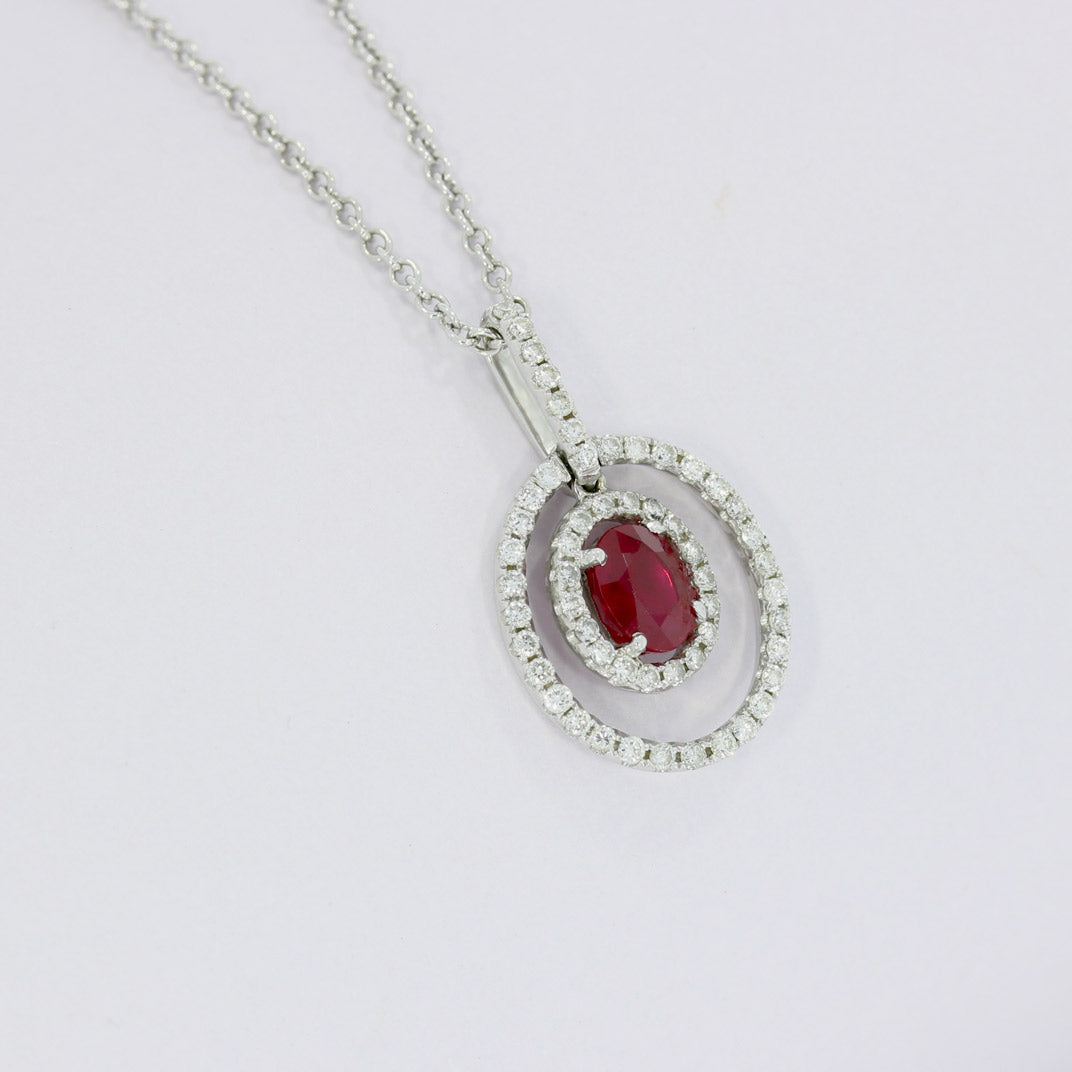 Pre Owned 18ct White Gold Oval Ruby & Diamond Double Halo Pendant