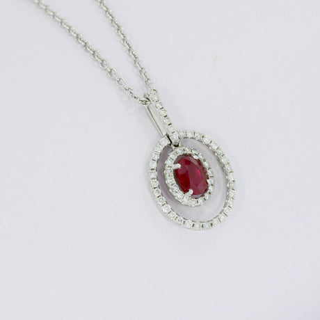 Pre Owned 18ct White Gold Oval Ruby & Diamond Double Halo Pendant