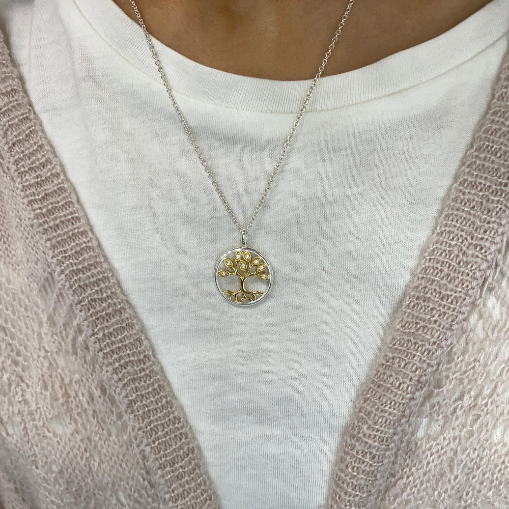 Silver and CZ Tree Of Life Pendant with Yellow Gold Accent