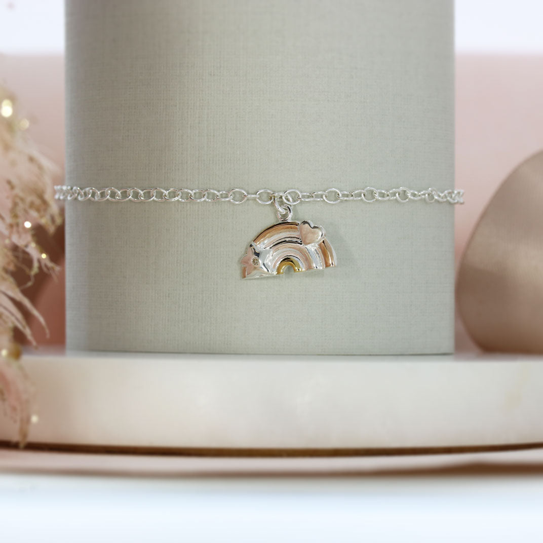 Silver Bracelet With Rainbow charm Rose & Yellow Gold Plated Accents