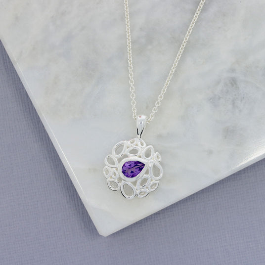 Silver Fancy Pendant With Pear Shape Amethyst & Chain