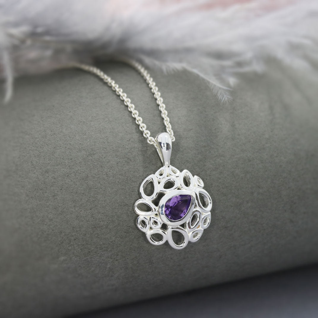 Silver Fancy Pendant With Pear Shape Amethyst & Chain