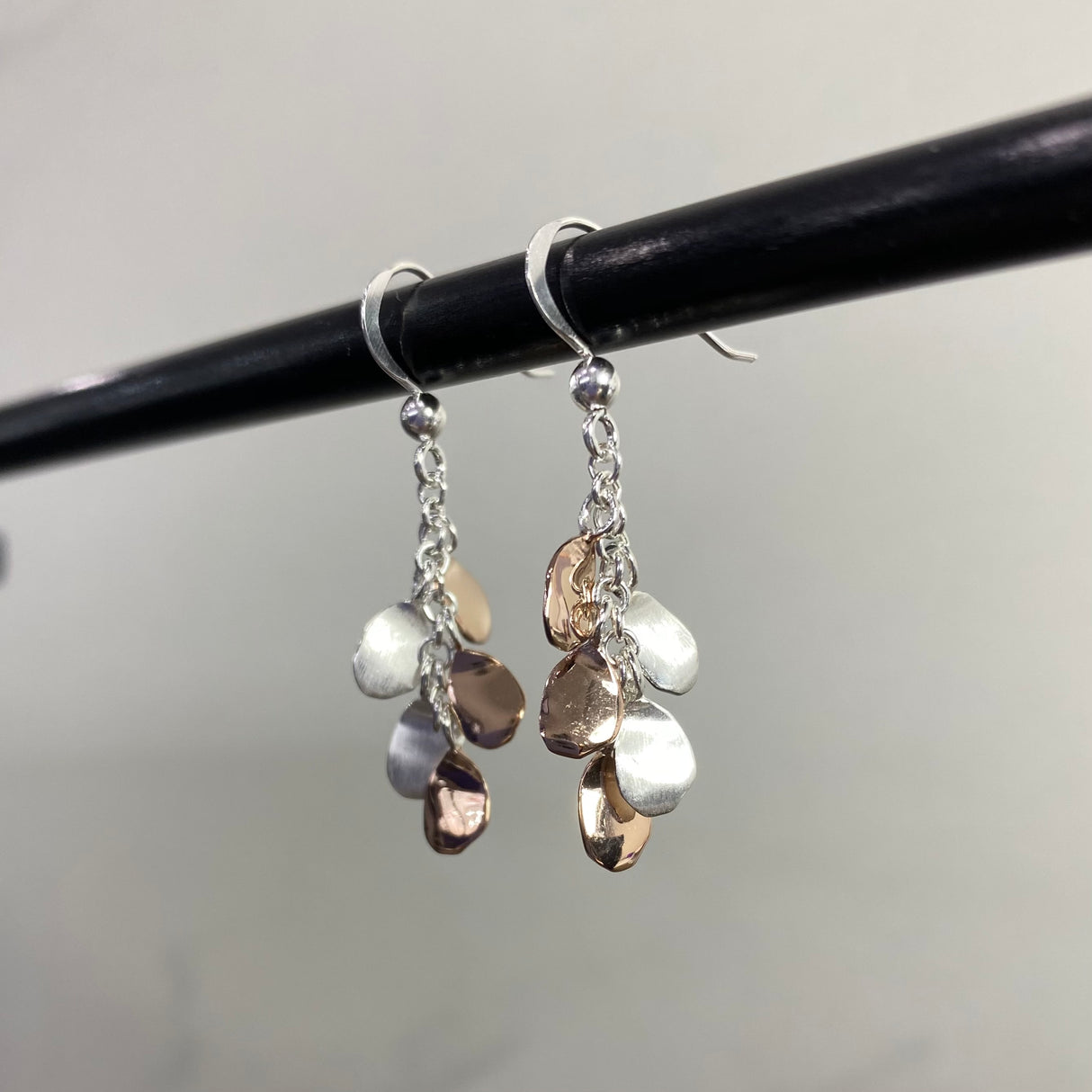 Silver and Rose Gold Drop Pebble Cascade Earrings