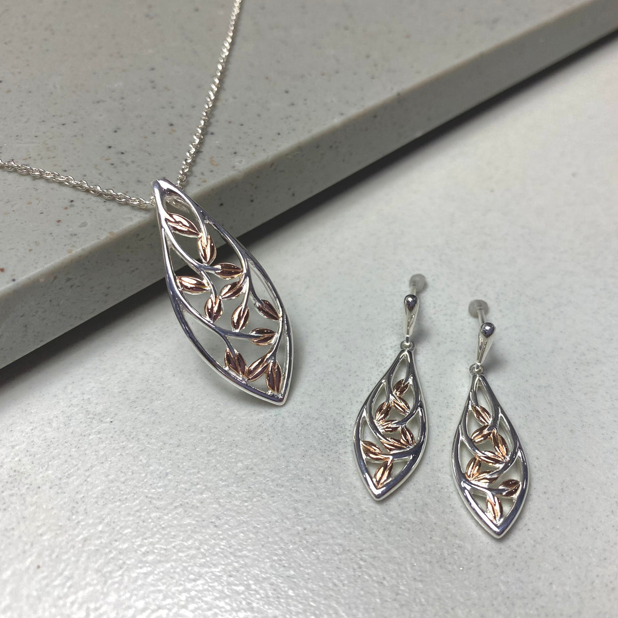 Silver Rose Gold Plated Open Leaf Pendant