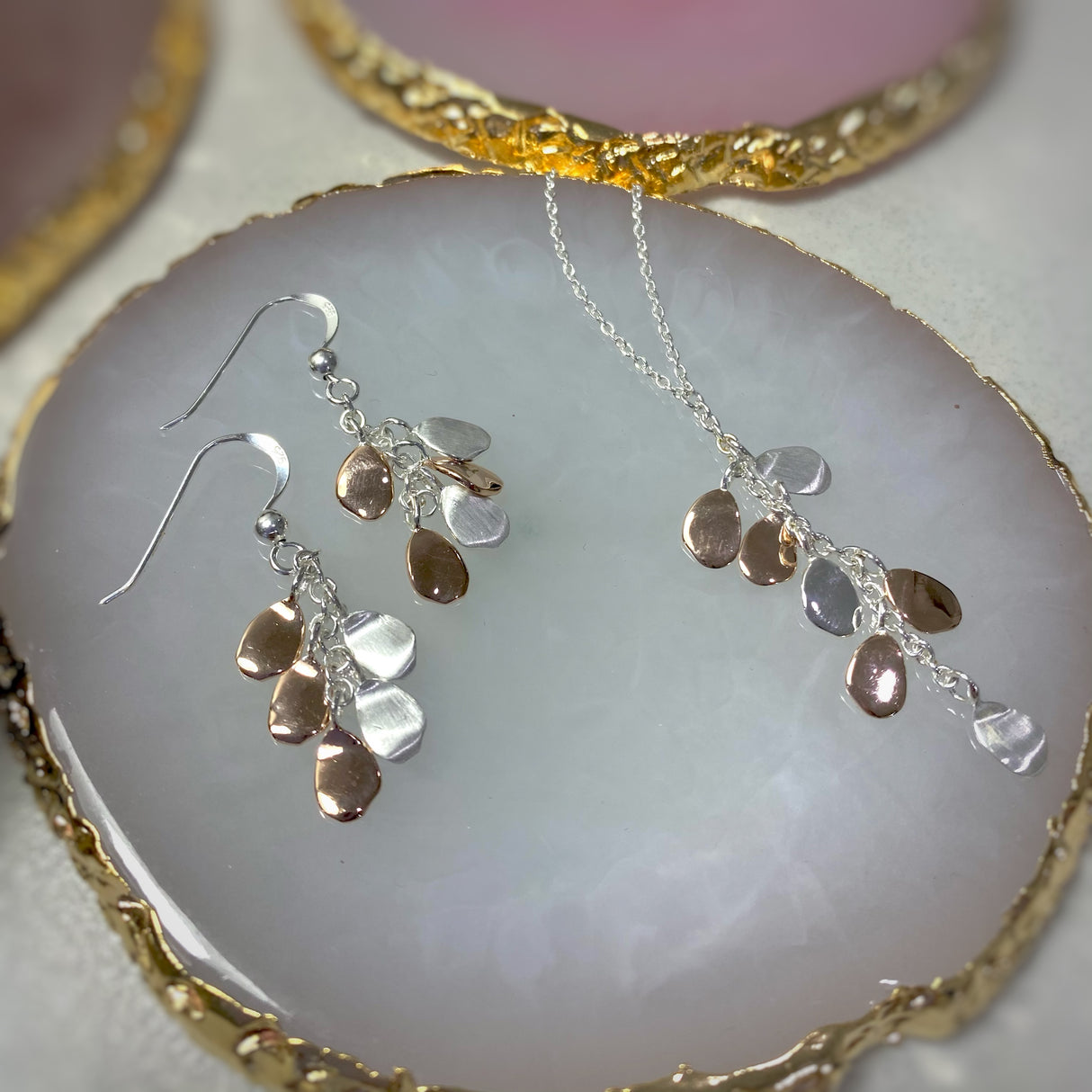 Silver and Rose Gold Drop Pebble Cascade Earrings