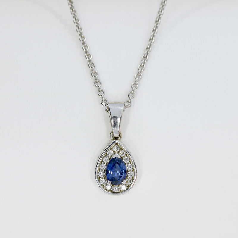 9ct White Gold Pear Shape Sapphire & Diamond Halo Pendant On an 9ct 18" Chain