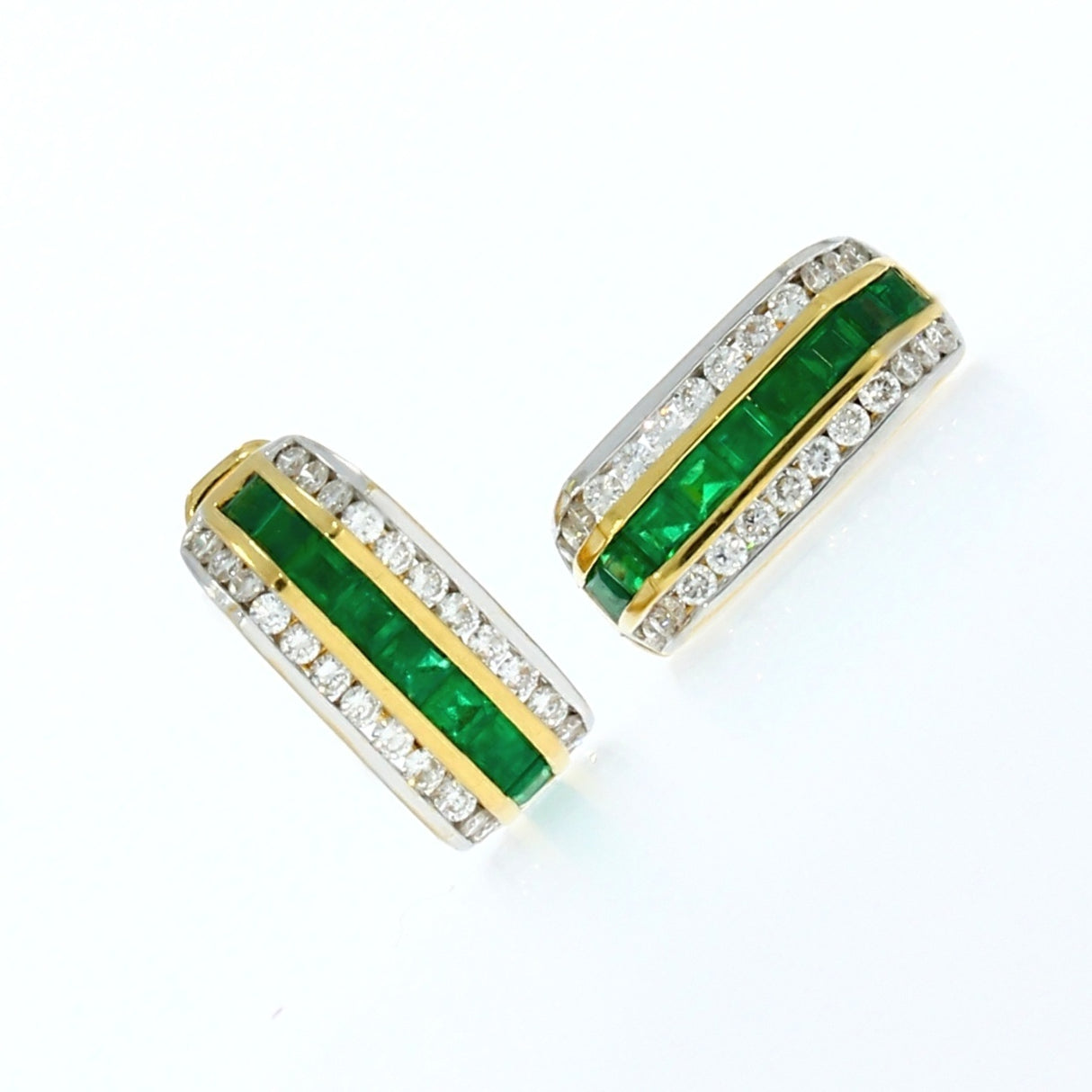 Pre Owned 18ct Yellow Gold Emerad & Diamond Huggie Style Earrings