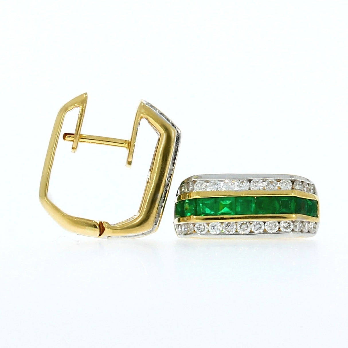 Pre Owned 18ct Yellow Gold Emerad & Diamond Huggie Style Earrings