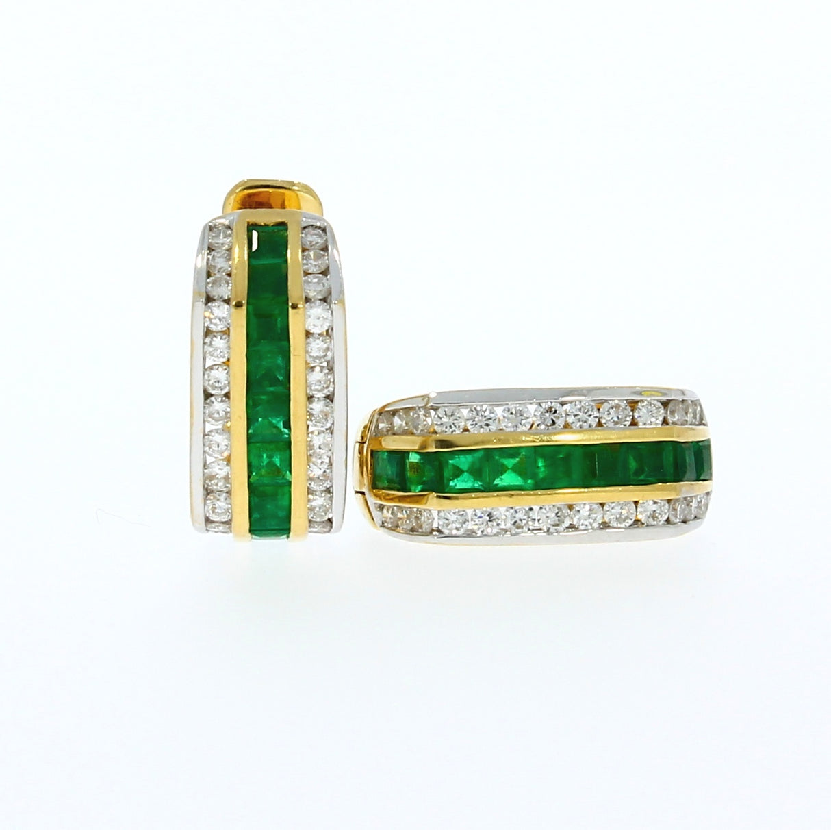 Pre Owned 18ct Yellow Gold Emerad & Diamond Huggie Style Earrings
